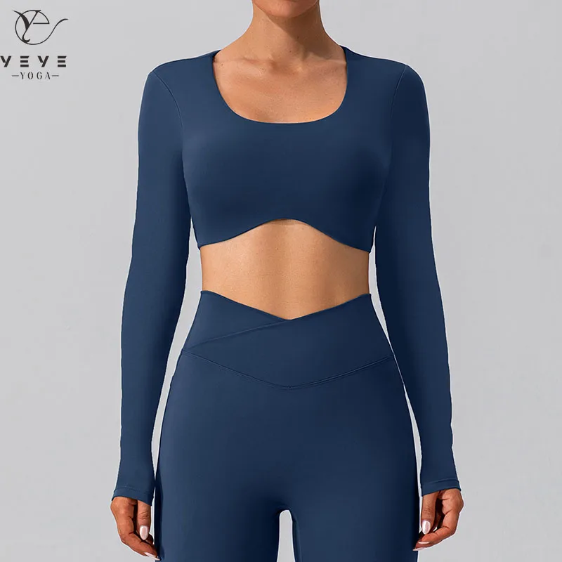 

Women 2 in 1 Sxy Tight Long Sleeve Yoga Tops Sports T-shirt Gym Workout Running Nude Fitness Clothes Top With Padded