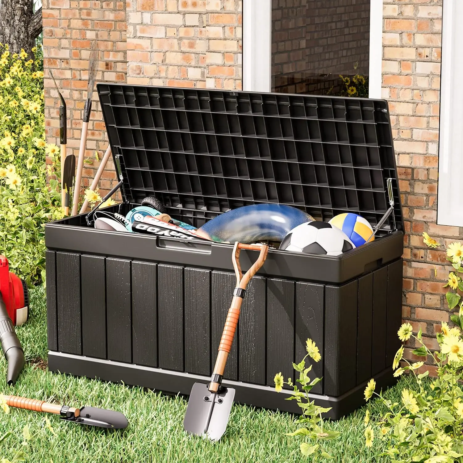 82 Gallon Resin Deck Box Outdoor Storage for Patio Furniture Toys Garden Tools Lockable Black