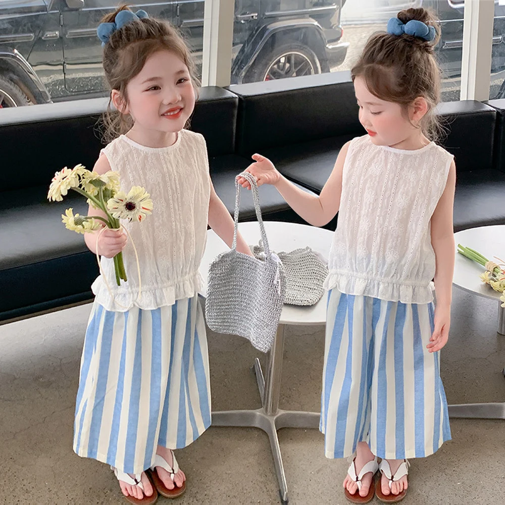 

Summer children girls' clothing outfits sets lace top+striped wide leg pants suits for kids girls' clothes baby birthday sets