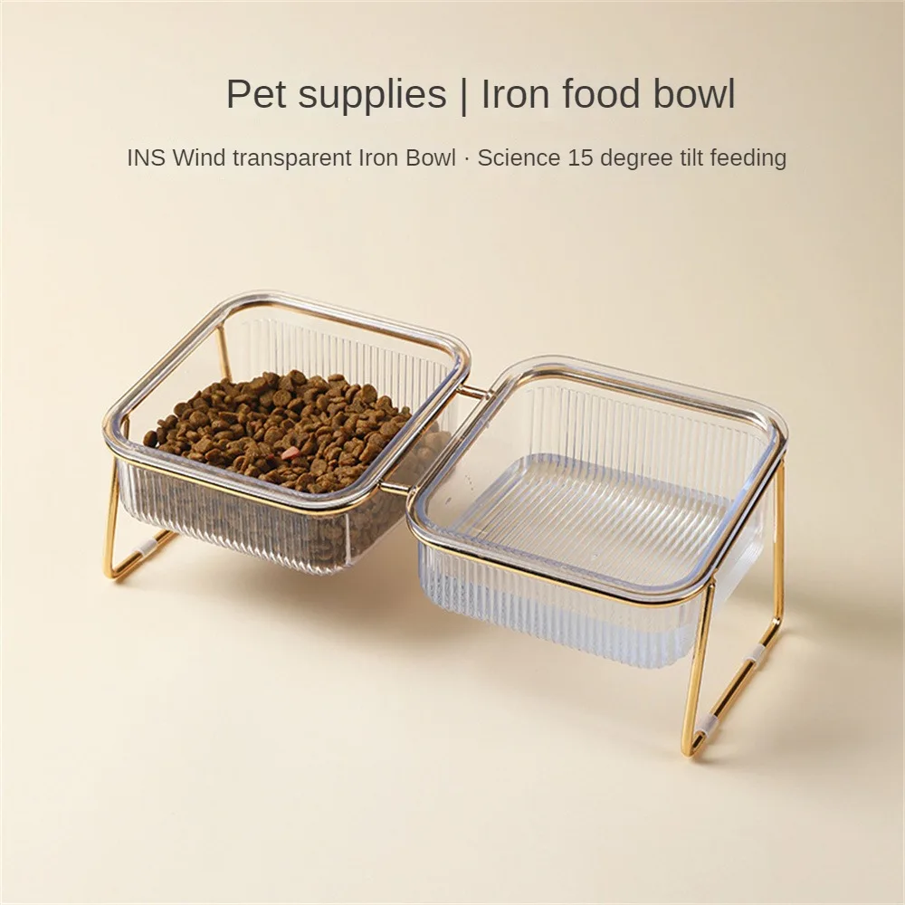 

Pet Bowl Transparent Rose Gold Iron Art Pet Accessories Cat Bowl Easy To Clean Protects Cervical Neck Single/double Bowl