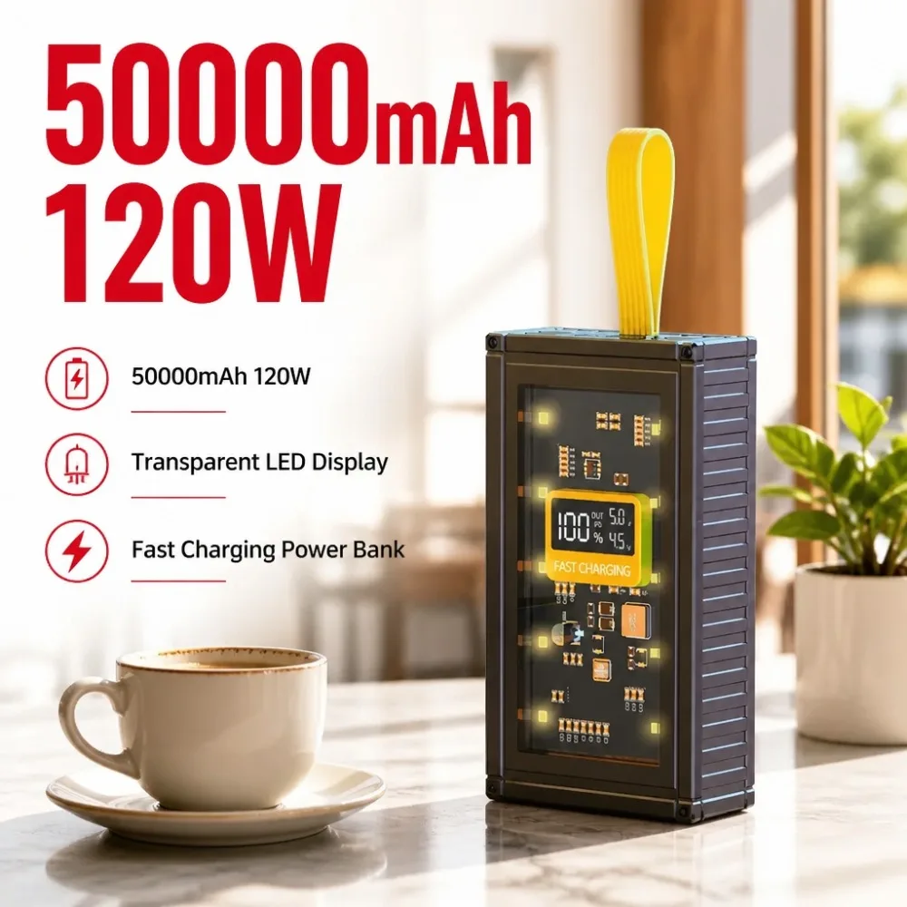 120W 50000mAh Power Bank Transparent LED Display Fast Charging Portable Charger for iPhone Samsung Android