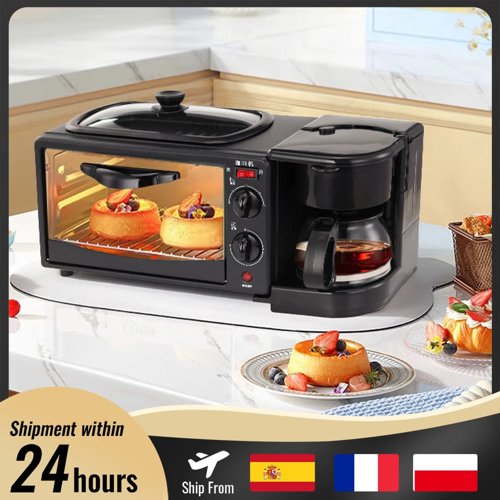 Máquina de Desayuno Eléctrica 220V 3 en 1, Multifuncional, Mini Cafetera, Horno para Pizza y Pan, Sartén y Tostadora