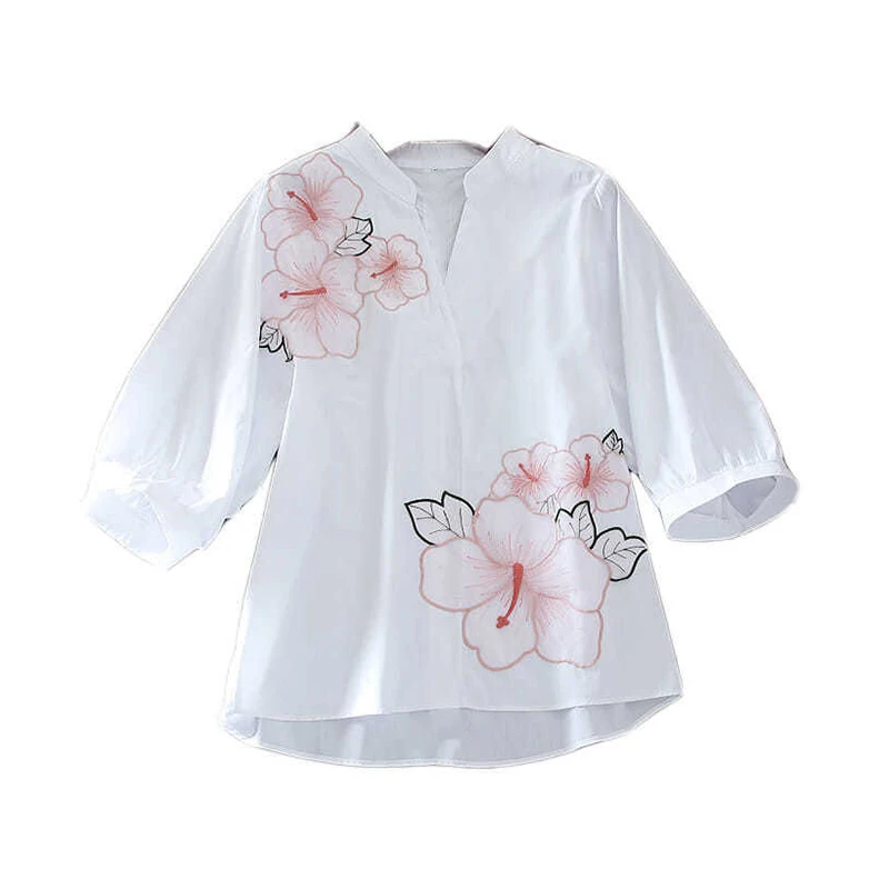 Summer Fashion Embroidery 3/4 Sleeve Loose Casual Blouse Ladies V-neck Simple All-match Pullover Top Women Comfortable Shirts