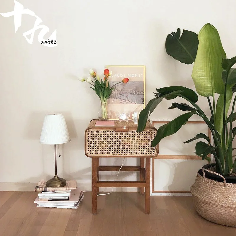 MOMO Korea Ins Real Rattan Solid Wood Bedside Table Rattan Handmade Bedside Table New Chinese Coffee Table Retro Small Cabinet