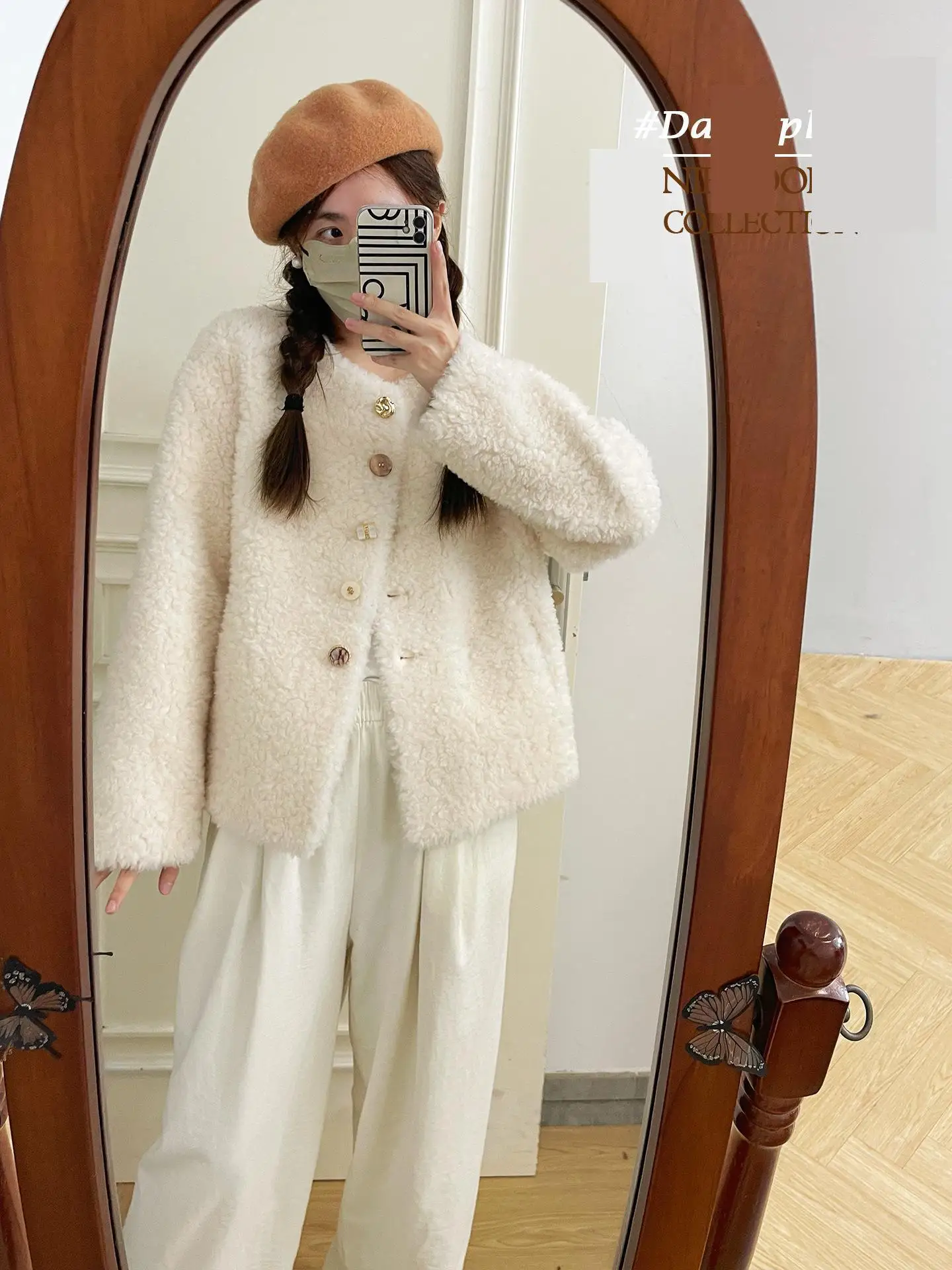 

Women's Autumn Winter Chic Wool O Neck Long Sleeve Loose Jacket Lady Elegant Single Breasted Wool Fur Outwear Top