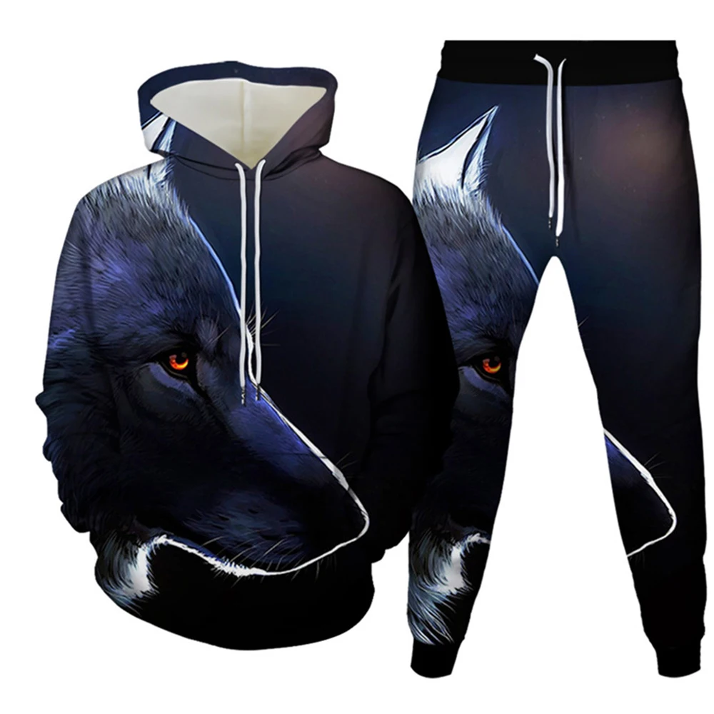 Moletons e calças estampados em lobo 3D masculino, traje de treino Harajuku, roupa esportiva retrô, conjunto de roupas legais animal, 2 peças