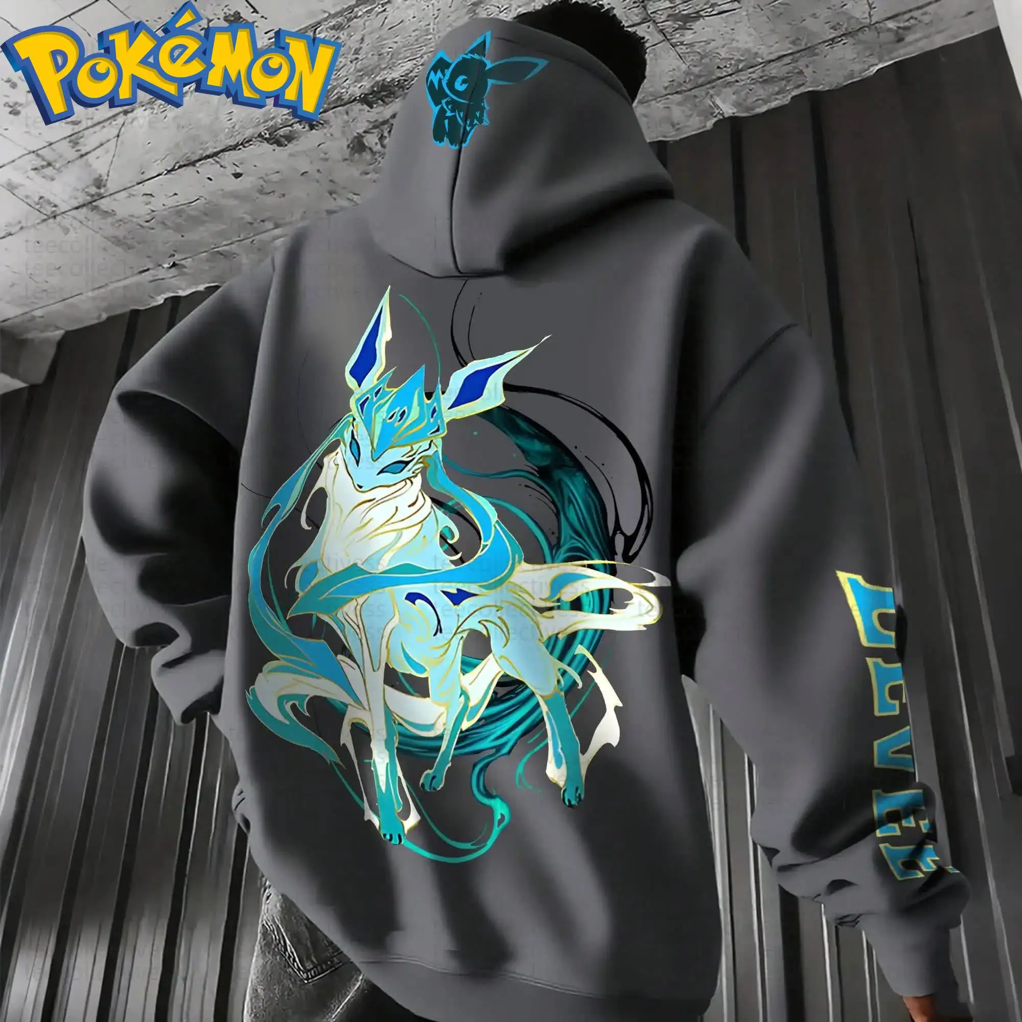 طقم سراويل هاراجوكو بغطاء للرأس من القطن من Pokemon Anime Eevee مطبوع عليه شخصية رمادية مع نمط دوامة أزرق وأخضر مكون من قطعتين ملابس غير رسمية