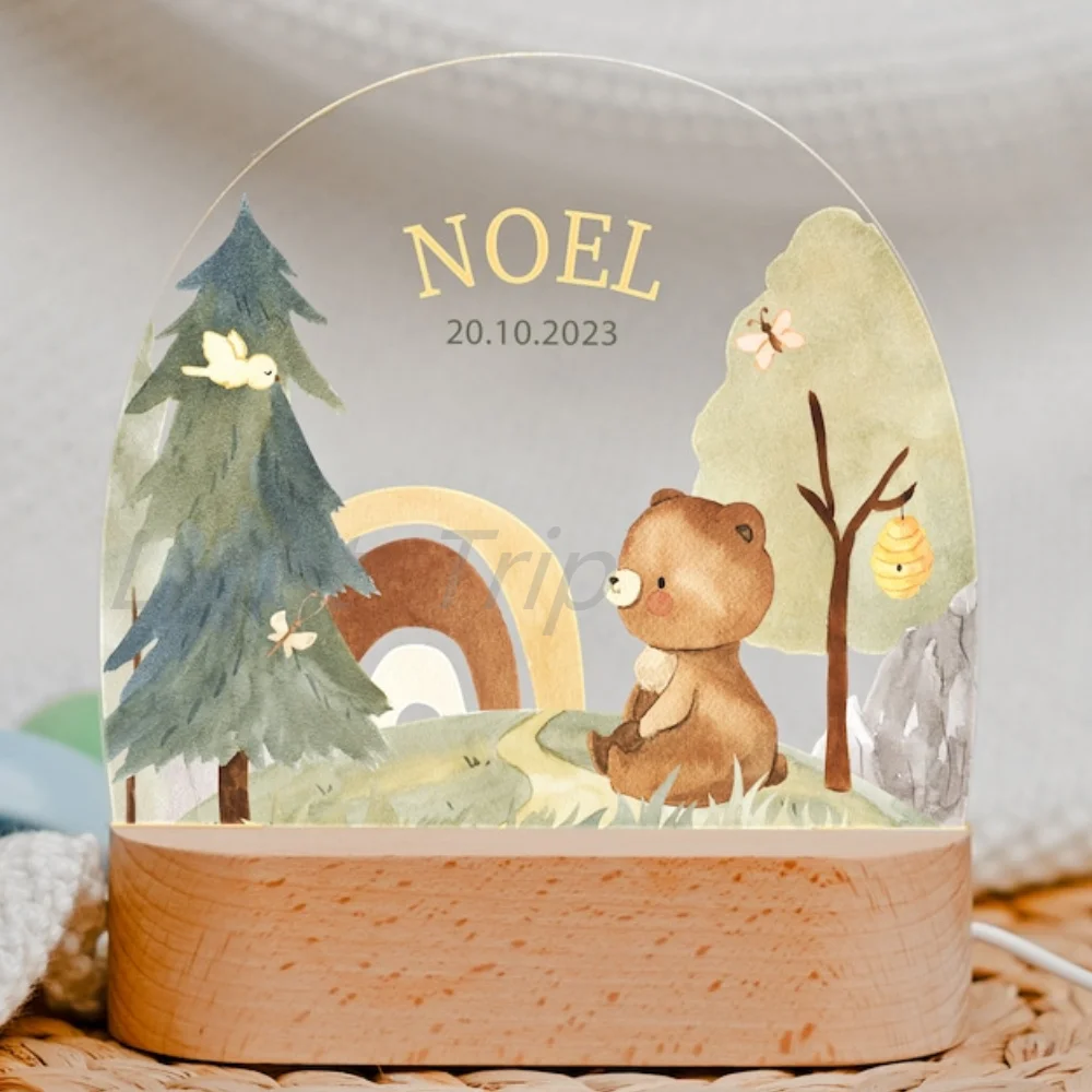 Luz de noche acrílica de oso personalizada, lámpara Bohemia con nombre personalizado, decoración de arcoíris, regalo para Baby Shower, regalo de primer cumpleaños