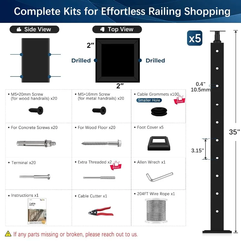 36" One-Stop Cable Railing Post Kit, 5Pack Level Drilled Line Post, Adjustable Top Cable Railing System Including 5 Railing Post