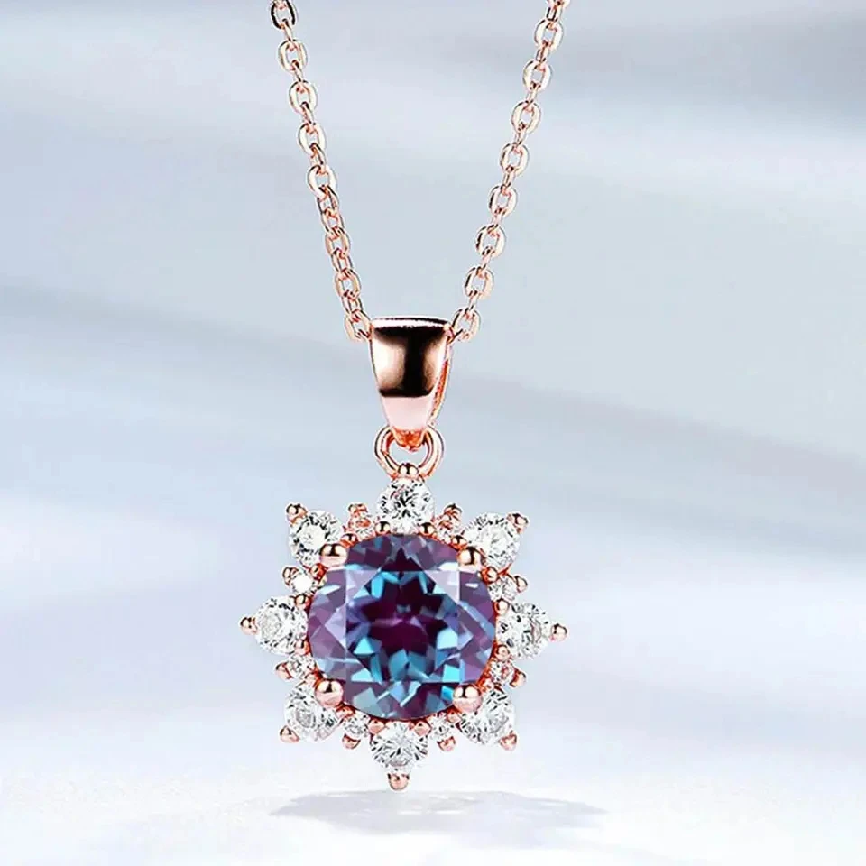 

925 Sterling Silver Rose Gold Solid Silver 2Ct Natural Amethyst Gemstone Pendant Lab Created Alexandrite Pendants