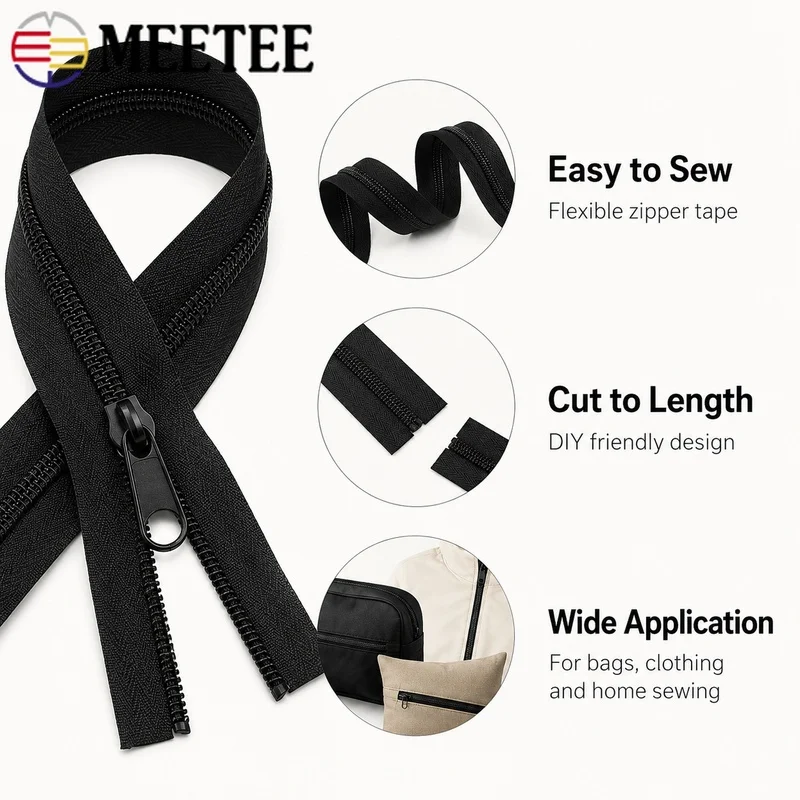 1-10M 3#5#8#10# Nylon Coil Zipper Tape with Sliders Continuous Black Closure for Tents Backpacks Bags Garments Sewing Repair Kit