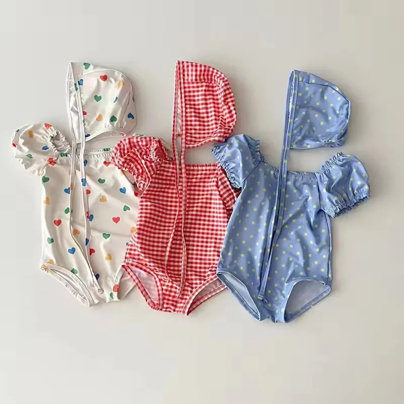 2026 Summer 2pcs Kids Baby Girl Swimming Wear One Piece Heart Print Girls' Swimsuits Toddler Puff Sleeve Swimwear Beach Vacation