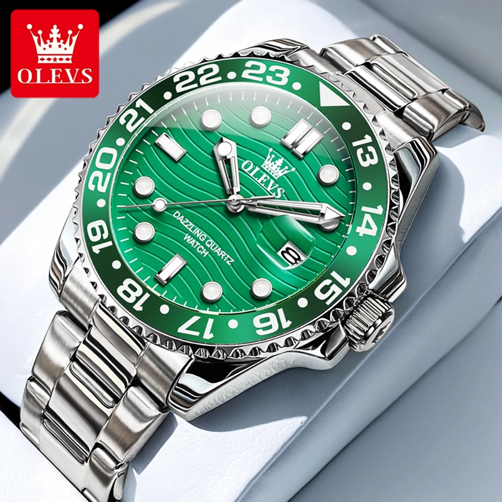 OLEVS 3610 New Quartz Watch for Men Green Water Ghost Style Luxury Brand Original Stainless Stee Mens Wristwatch Auto Date Clock