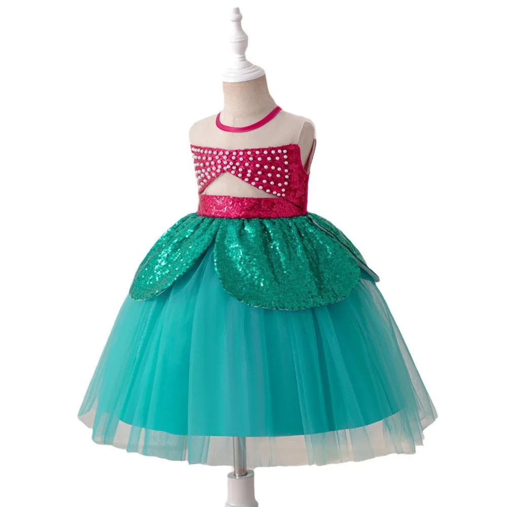 Disney Ariel Princess Dress Girls Sequined Pearl Embellished Sleeveless Fancy Ball Gown Halloween Carnival Clothes Casual Outfit