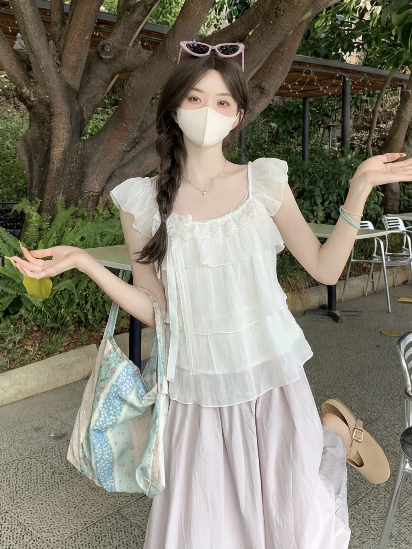 

Sweet Floral Knot Tie Fly Sleeve Chiffon Top Women Summer Slimming Lace Sleeveless Shirt Korean Style Commute