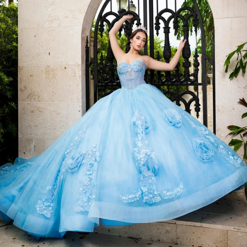 

Blue Shiny Quinceanera Dresses Ball Gown Off The Shoulder Applique Flower Beading Tull Corset Party Birthday Sweet 16 Dress Vest