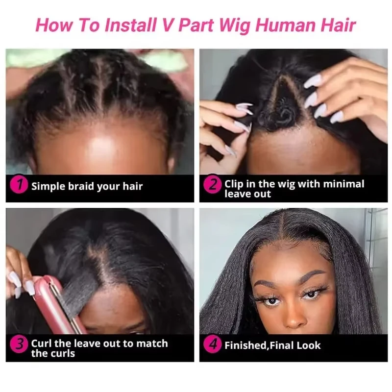 Yaki Straight Kinky Hair V Part Wig Human Hair Upgraded V Part 200% Density Full Machine Made Wig