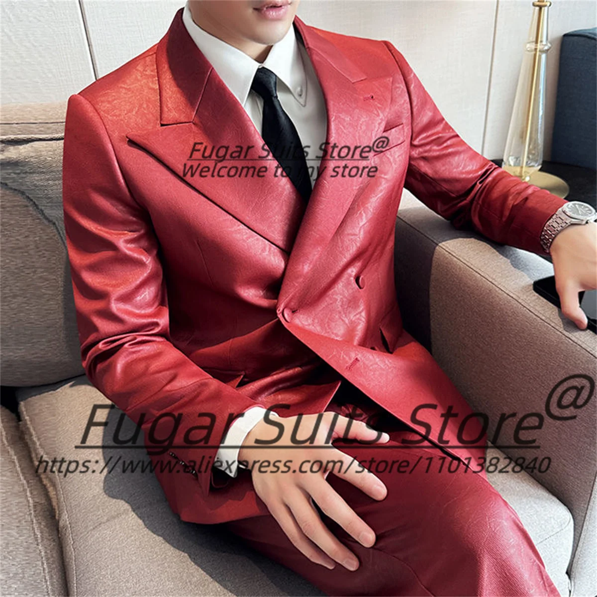 Italian style Red leather Men Suits Slim Fit Double Breasted Groom Formal Tuxedos 2Pieces Sets Luxuly Male Blazers Costume Homme