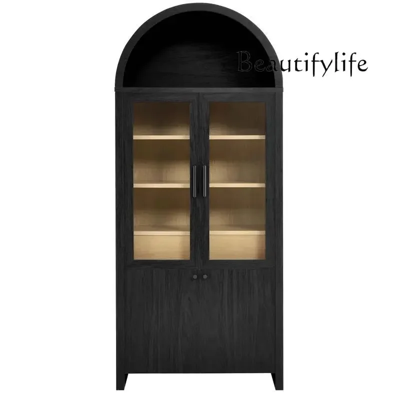 French retro solid wood bookcase living room home American arched black semi-open medium antique glass cabinet