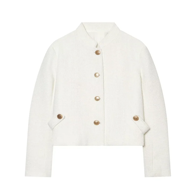2026 New Women Textured Short Jacket Standard Fit Polyester Button Closure Versatile Casual Outerwear For Ladies Chic Outerwear
