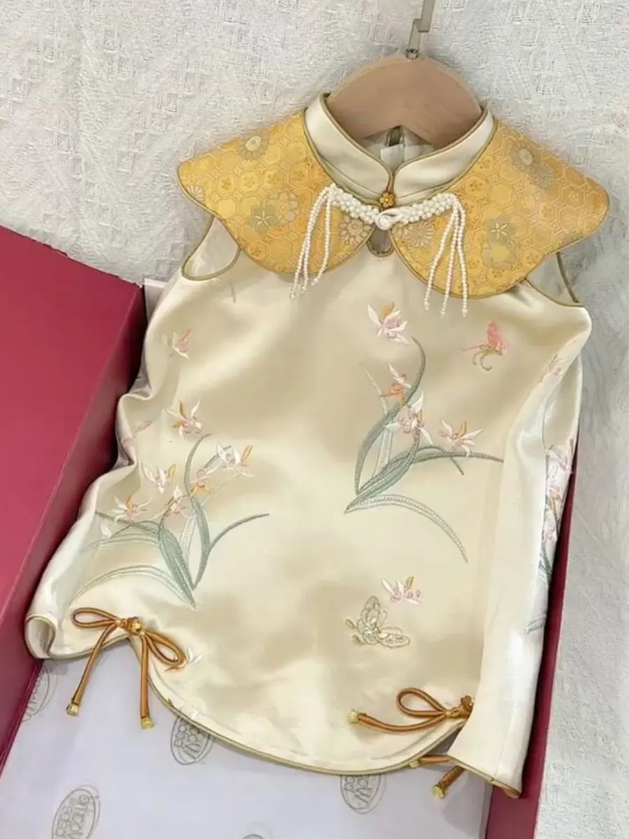 

New Chinese Style Yellow Dress Shirt for Girls One Year Old Birthday Ceremony Vest Fashionable Children's Traditional Costume