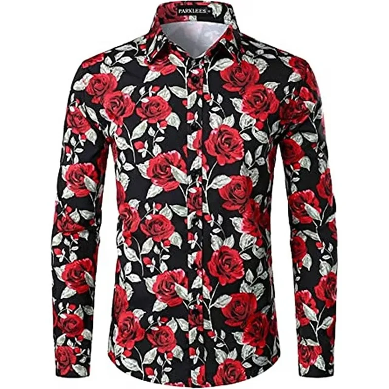 New Men\'s Shirts Long Sleeve 3D Flowers Print Lapel Button Summer Clothes For Men Up Top Prom Birthday Fashion Boyfriend Shirts