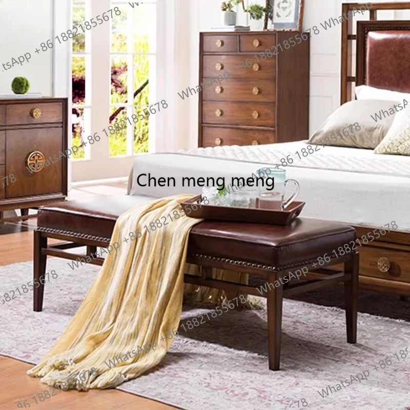 

RR New Chinese bedside stool American leather solid wood sofa Bedroom bedside long stool