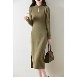 Chinese Style 2024 Autumn/Winter 100% Wool Knitting Dress For Women  Long Dresses Australian Wool Knit Dresses Lady Clothes