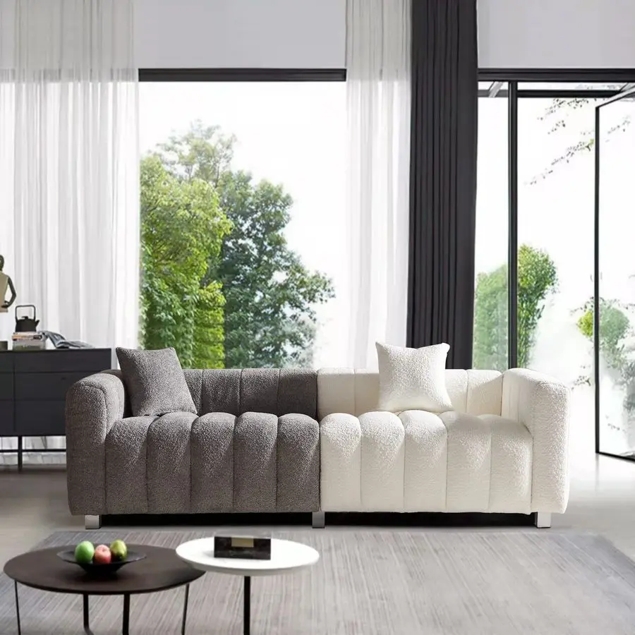 

MidCentury Sofa Couch, 3 Seater Sofa with Two Pillows, 87.4 Upholstered Sofa Couch Tufted Teddy Fabric Solid Wood F Customizable