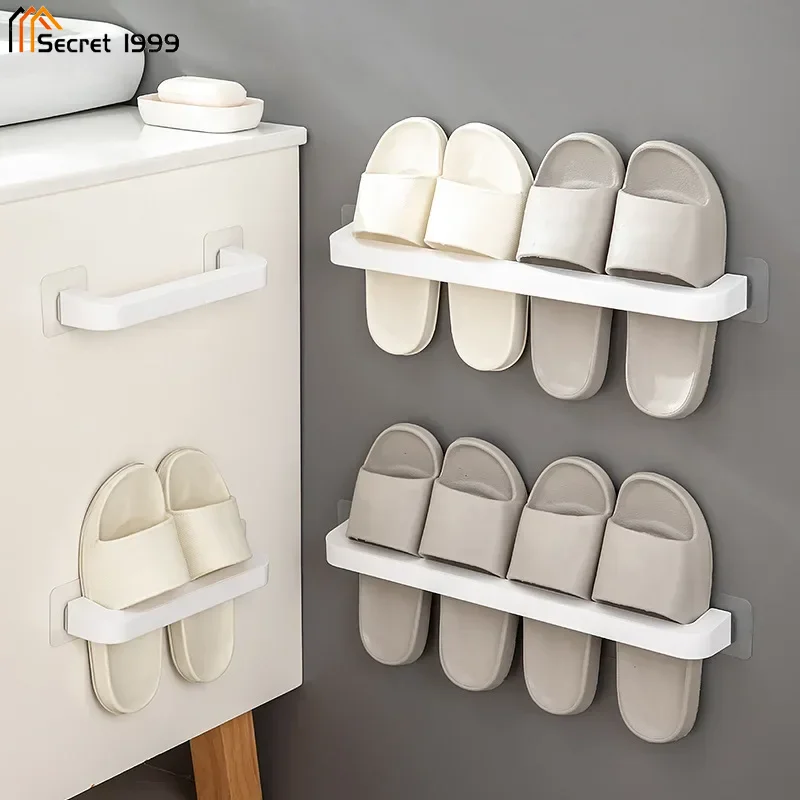 Bathroom Slipper Shelf Punch Free Wall Mount Shoes Hanger Rack Towel Storage Shelf Space Saving Shelves Bathroom Accessories