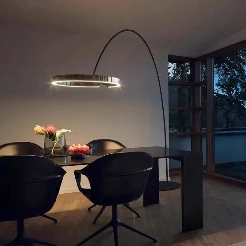 Italian Arc Floor Lamp Gold  Black LED Fishing Ring Light Creative Loft Sofa Living Room Bedroom Corner Dinner Standing Lamp