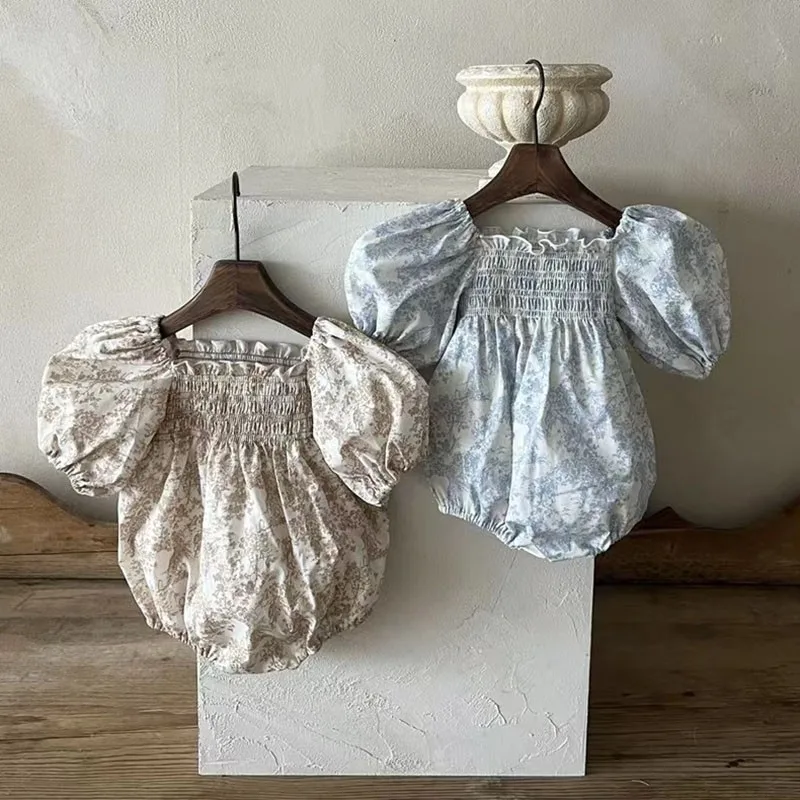 Sommer Neugeborenes Mädchen süße Blumen druck Puff ärmel Bodysuit Kinder dünne Mode Prinzessin Geburtstags kleid Baby Baumwolle Stram pler