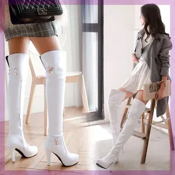 Women Boots Over Knee Round Toe Clogs Platform Boots-Women Autumn Shoes Winter Footwear Zipper Over-the-Knee Rubber High Heel