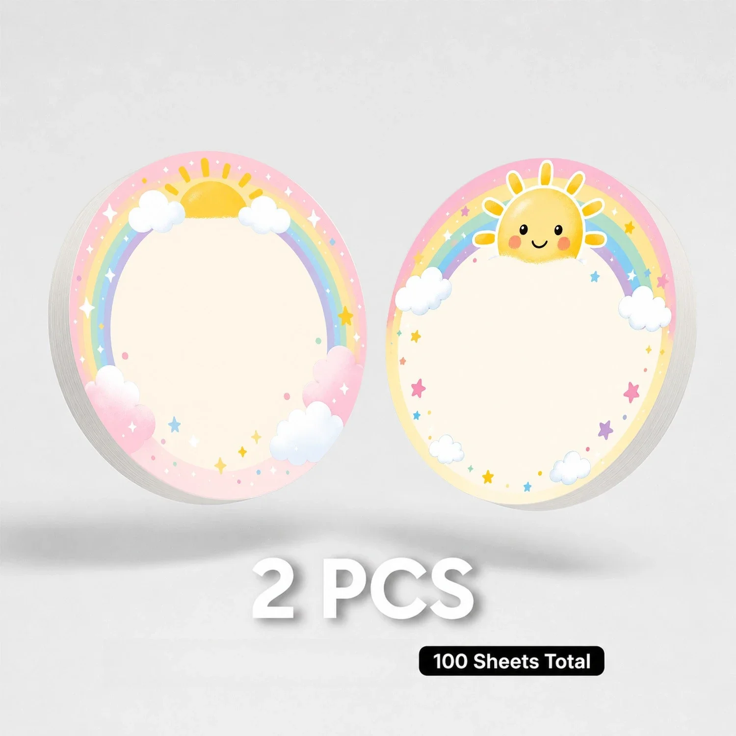 2Pcs Round Rainbow Sun Sticky Notes, 100 Sheets Total, Kawaii Cloud Self-Adhesive Memo Pads for Journal and Office Use