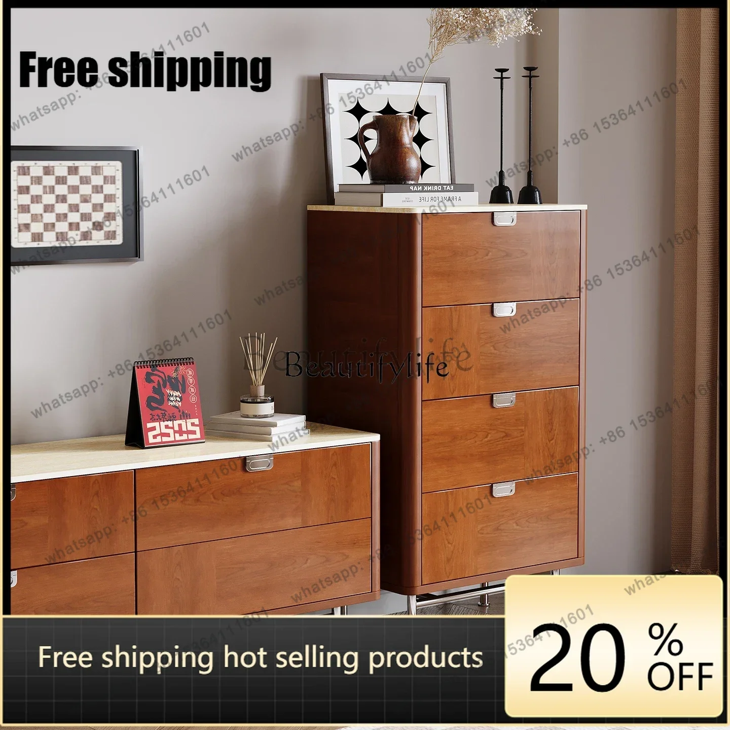 Factory Direct  Pure Solid Wood Chest of Drawers Living Room Wall Storage Vintage Side Cabinet