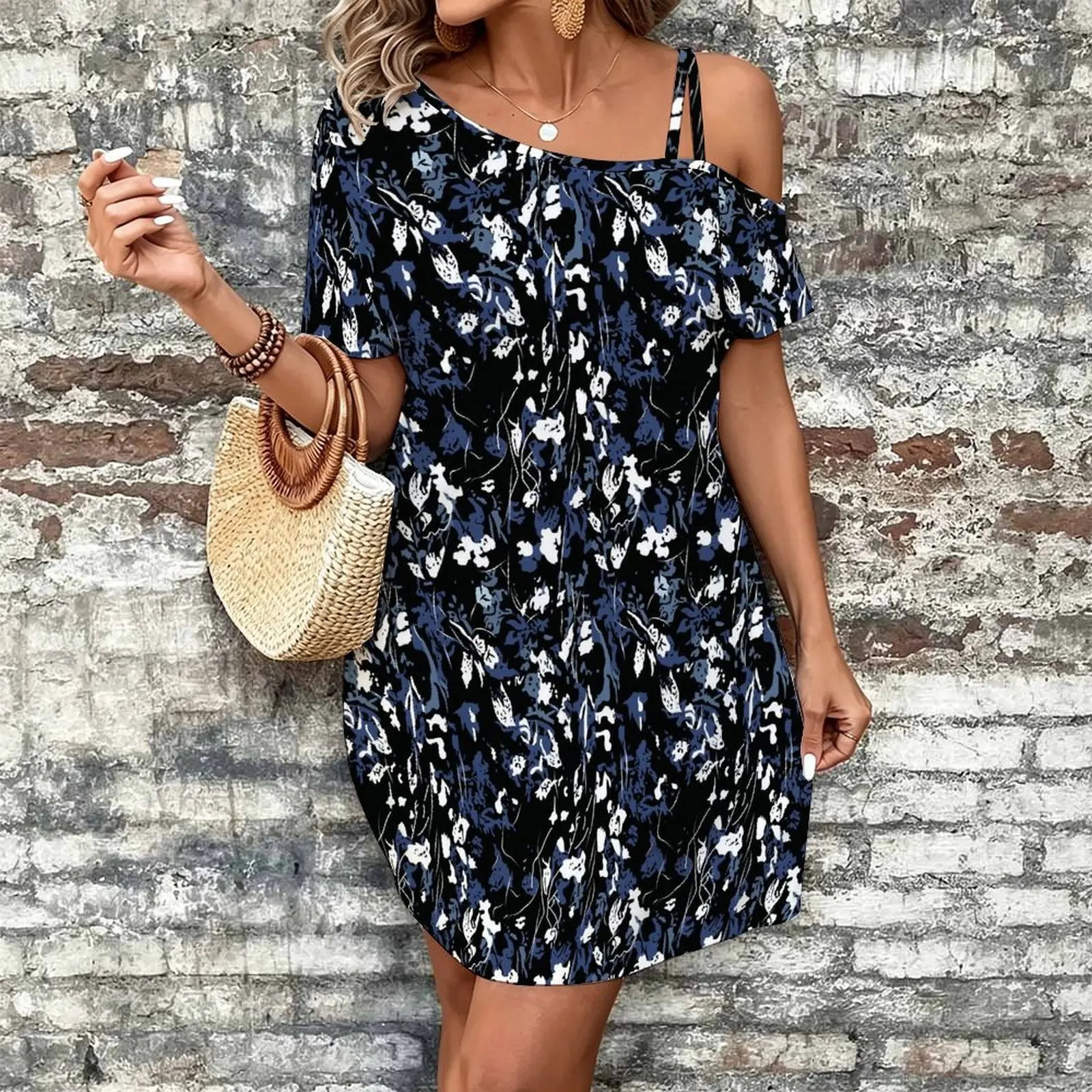 Women Print Cold Shoulder Short Sleeve Mini Dress Irregular Off Shoulder Casual Loose Tunic Dress