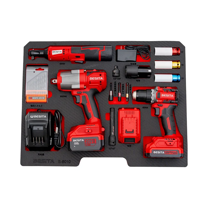 Hot selling mechanical auto repair electric drill impact wrench ratchet wrench three-in-one brushless lithium battery tool set