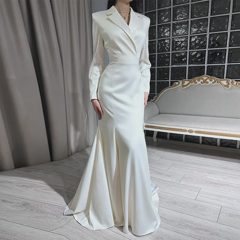 

Ele Long Sve Suit Collar Dr High Waist Slimming Maxi Dr Simple Sle Spring 2025 Women's Faion from China