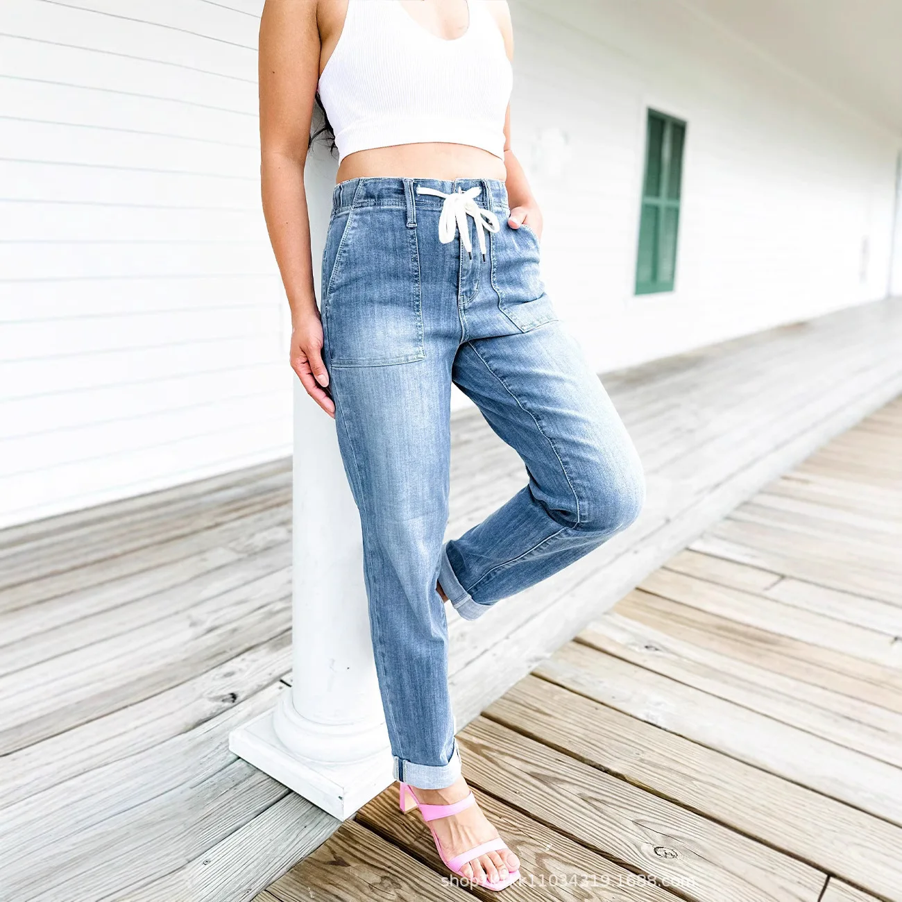 

Брюки Харлан с высокой талией, новые весенне-летние повседневные студенческие брюки с девятью точками, модные свободные джинсы с карманами на шнуровке