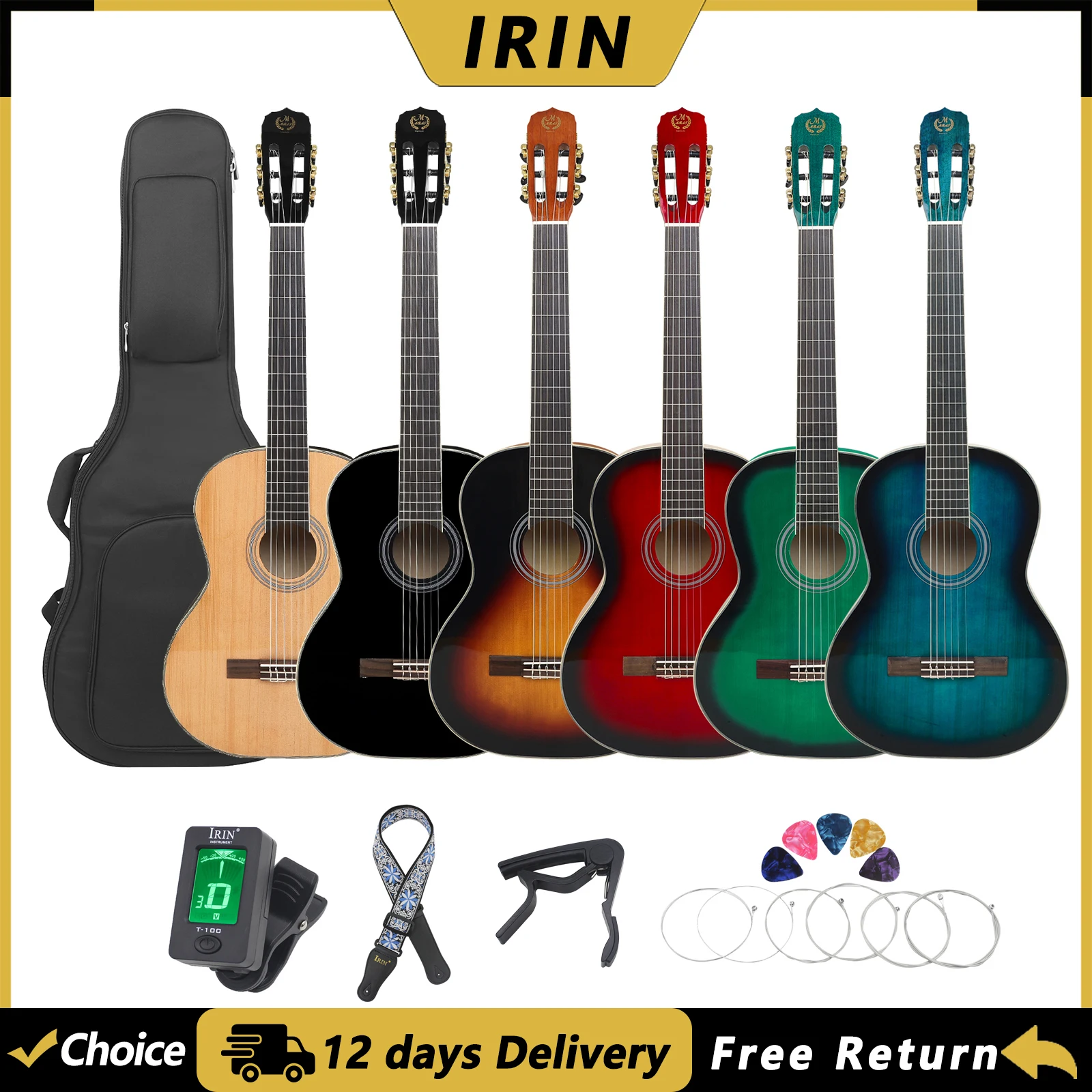 M MBAT 3990 39 Inch Classical Guitar 19 Fret Spruce Panel Classic Guitar Stringed Instrument with Bag Tuner Strap Accessories
