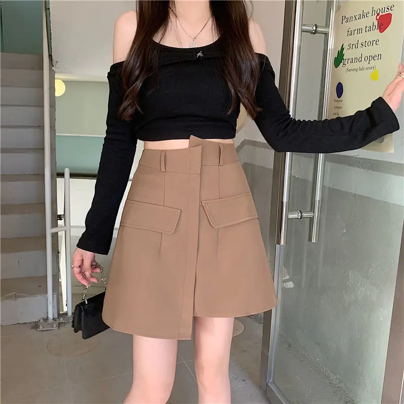 Skirts Women Design Retro Asymmetrical Elegant All-match Solid Korean Style Fashion Simple Comfortable High Waist Autumn Basic