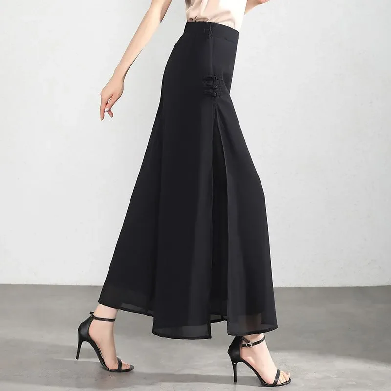 

Women's Chiffon Wide Leg Pants Nine Points Thin New Chinese Style Split High Waist Loose Fit Commute Style Summer Fashion
