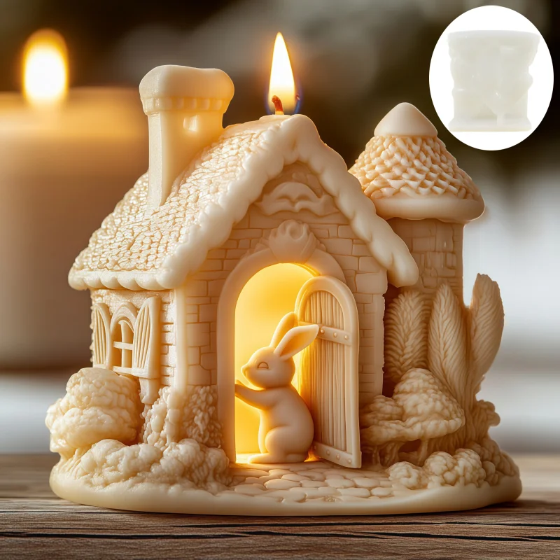 Bunny Pushing Door Castle Candle Silicone Mold Cute Rabbit Open Door House Resin Mould Easter Bunny Gypsum Molds Easter Gift