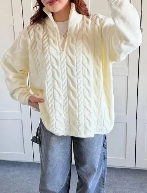 

2025 Autumn and Winter Leisure Vacation Woolen Solid Color Long Sleeved Sweater Women's Clothing