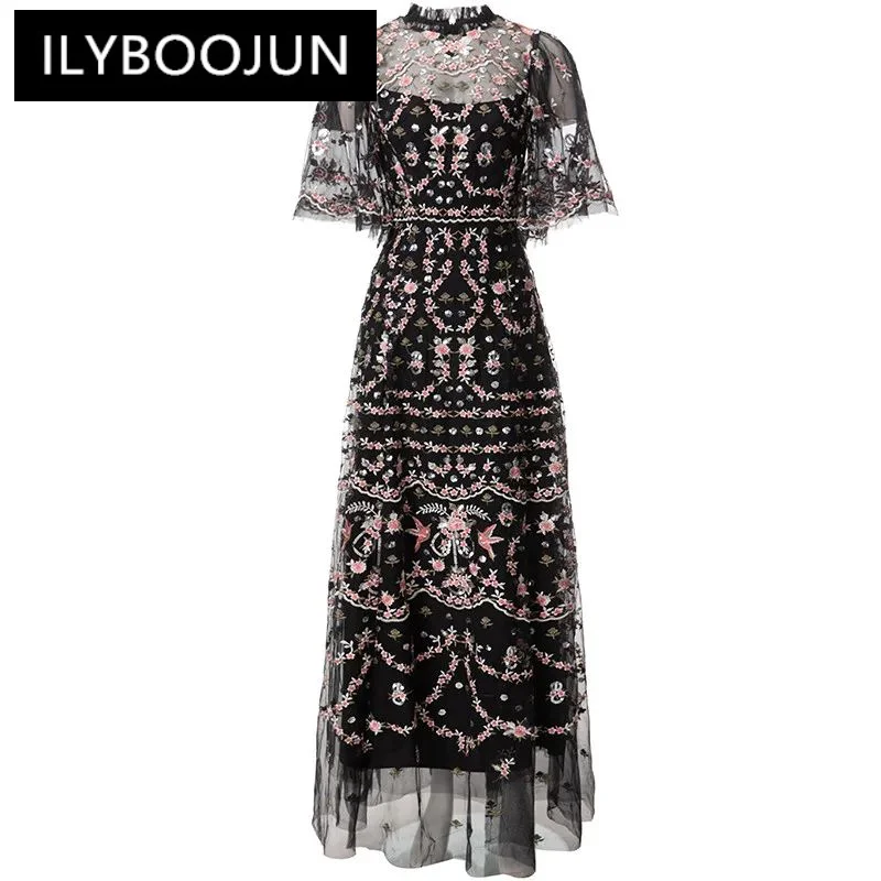 

ILYBOOJUN Fashion Designer spring Summer Women's O-Neck Lace Edge Flare Sleeve Mesh Sequins Vintage Printed vacation Dresses