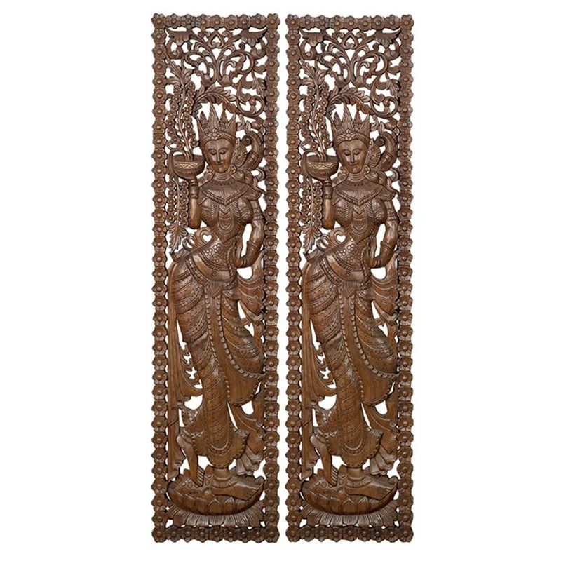 Solid wood South East Asia crafts, teak carved board retro background wall Thai dancer flower vine wall pendant decoration