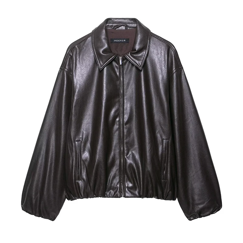 

Willshela женская мода из искусственной кожи коричневая передняя молния винтажная лацкан с воротником и длинными рукавами женские шикарные женские наряды