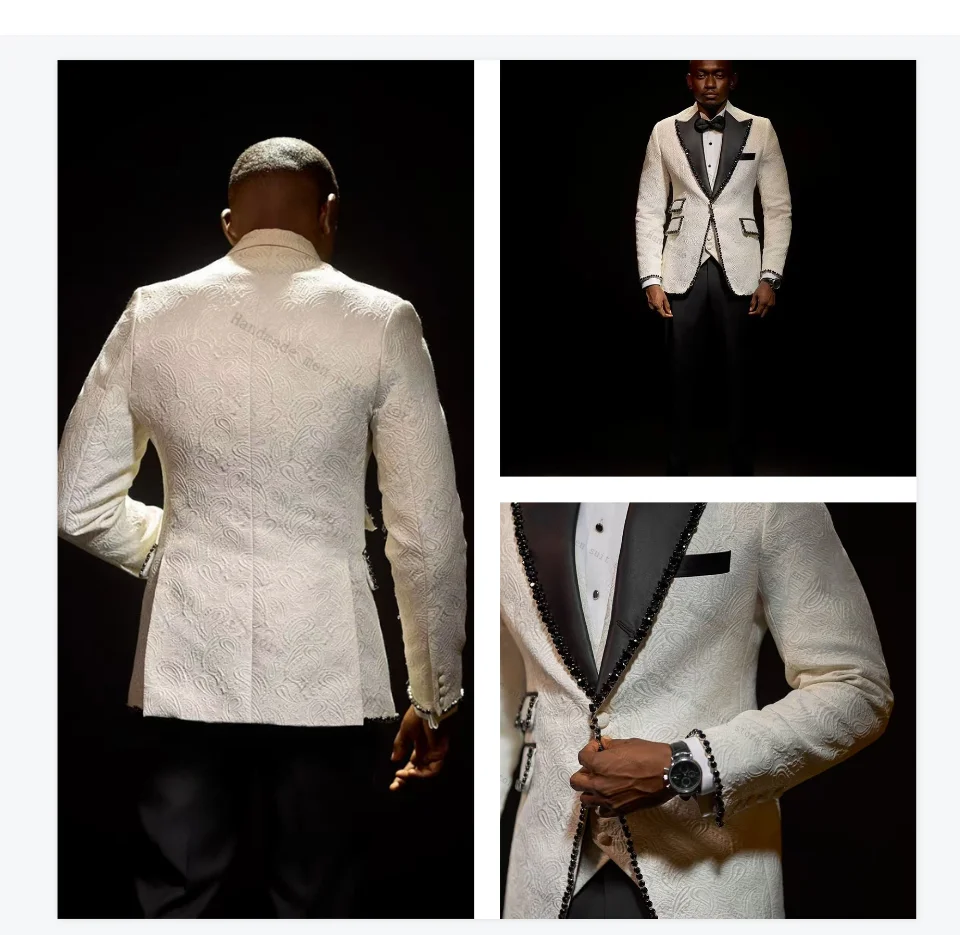 

Jacquard Men Suits 2 Piece Blazer+Pants Crystals Stone Black White Wedding Tuxedo Coat Customized Formal Office Jacket Trousers