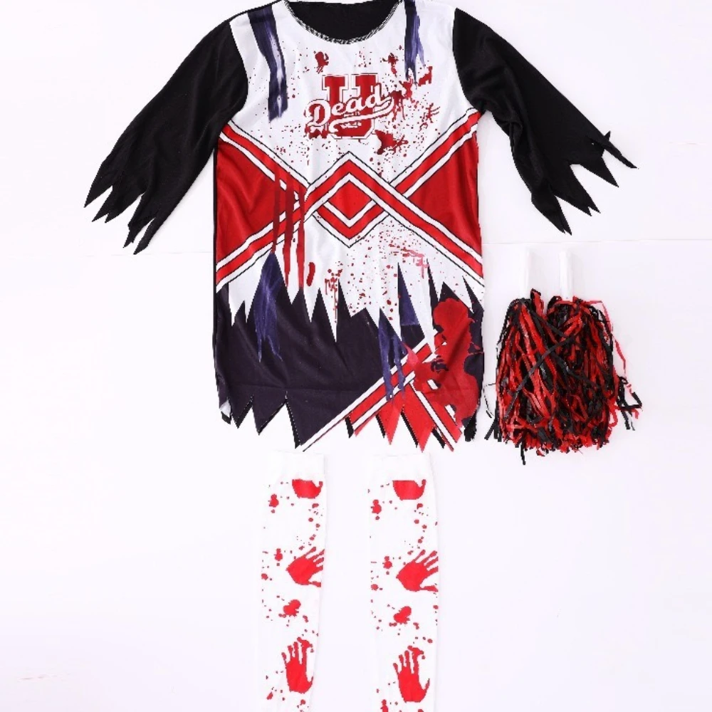 أزياء الهالوين Meisje Zombie Cheerleading Maskerade Kostuum Bloedkousen Uniform Kinder Halloween Thema Feest Cosplay Kostuum