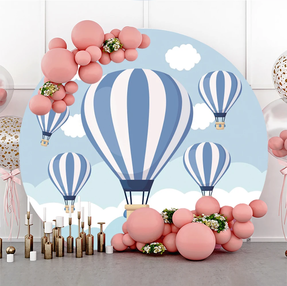 Round Circle Photography Background Hot Air Balloon White Cloud Child Boy 1st Birthday Party Cake Smash Decor Backdrop Poster